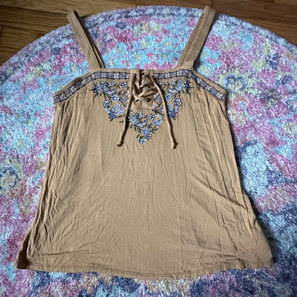 American Eagle Outfitters Camel Embroidered Lace-Up Camisole